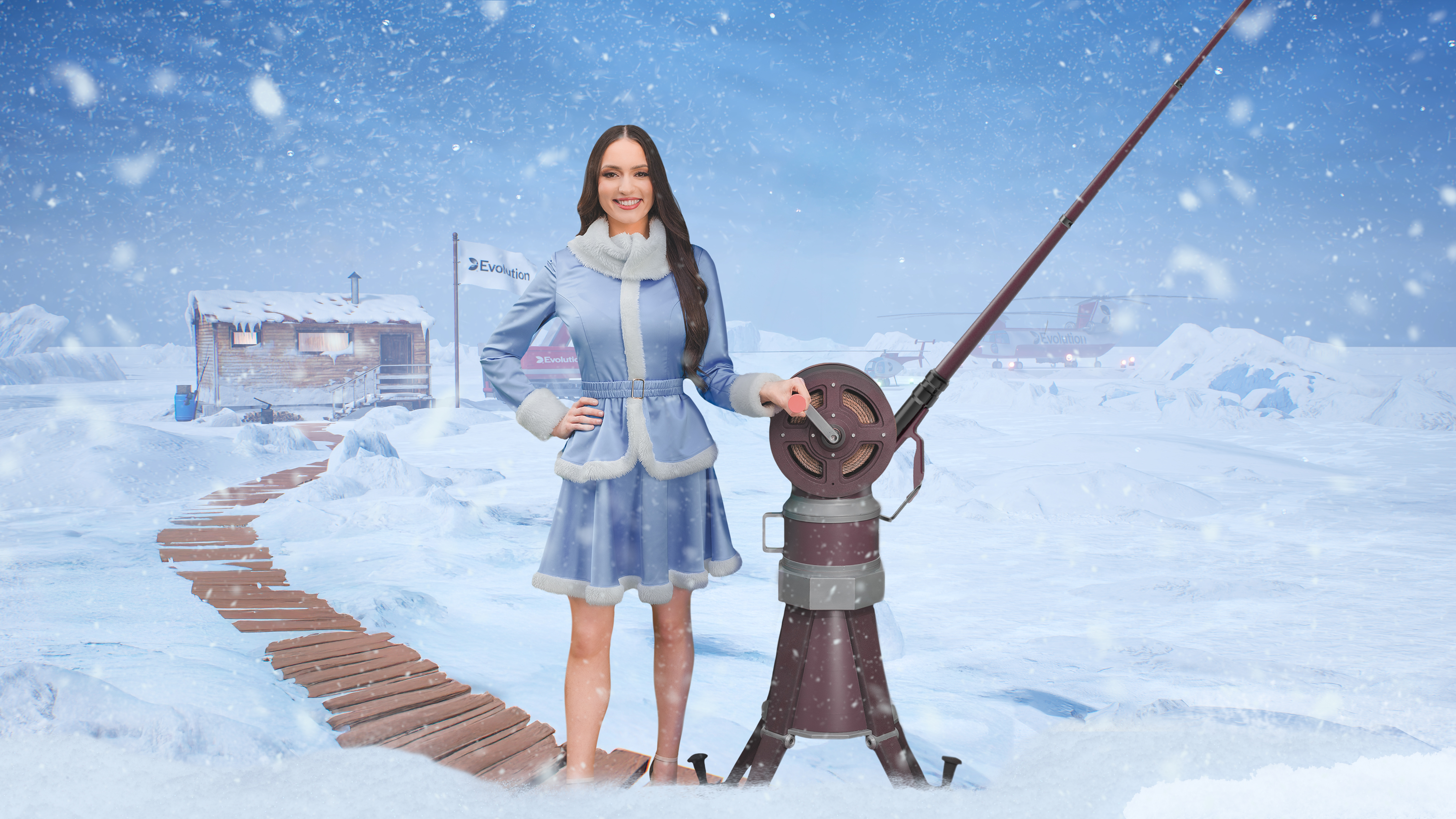 Woman standing by a graphic virtual fishing reel - galabingo