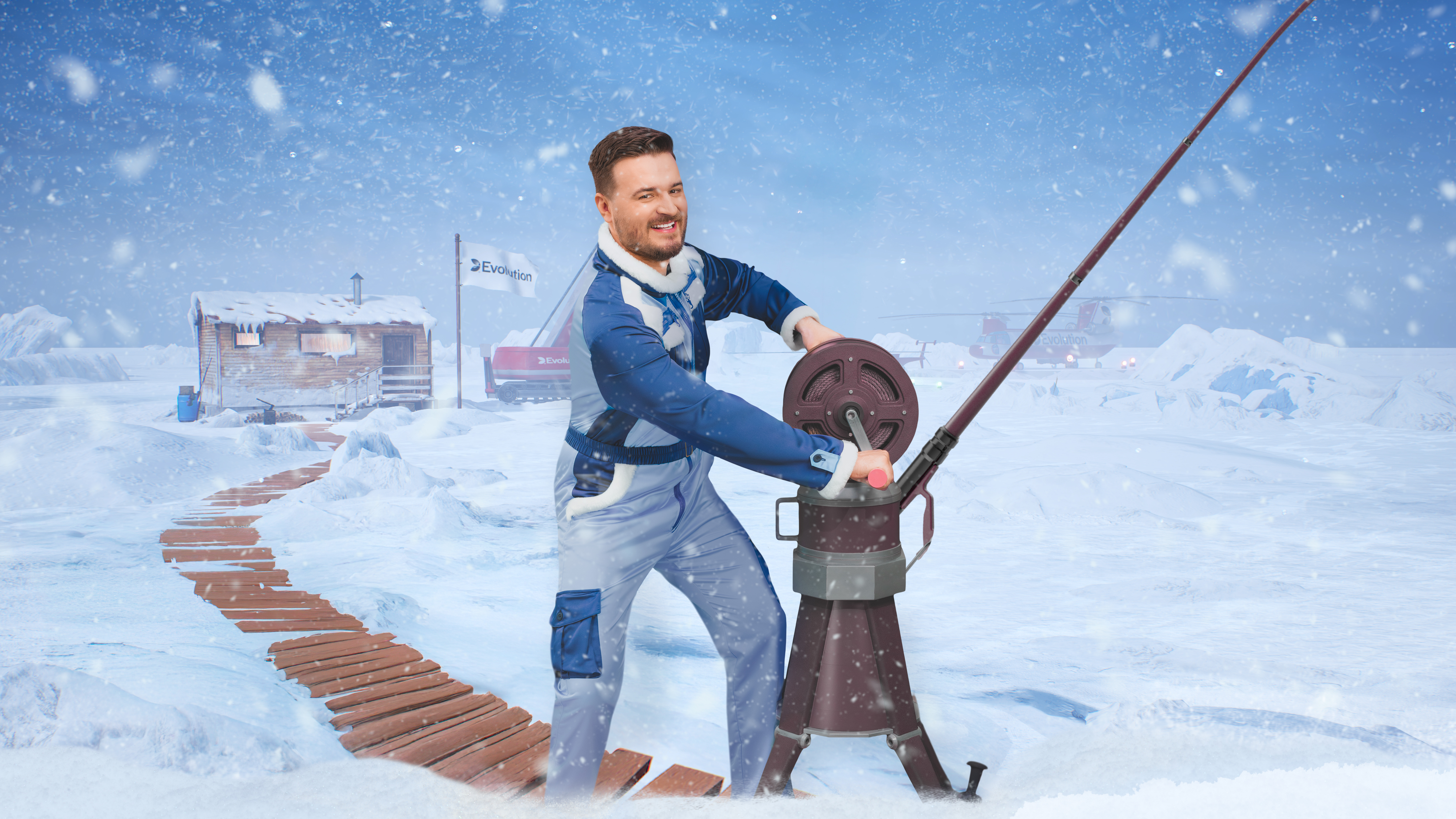 Smiling live game show host in Arctic gear reeling in a fishing rod on a snowy ice fishing set with cabins and helicopters in the background. - galabingo